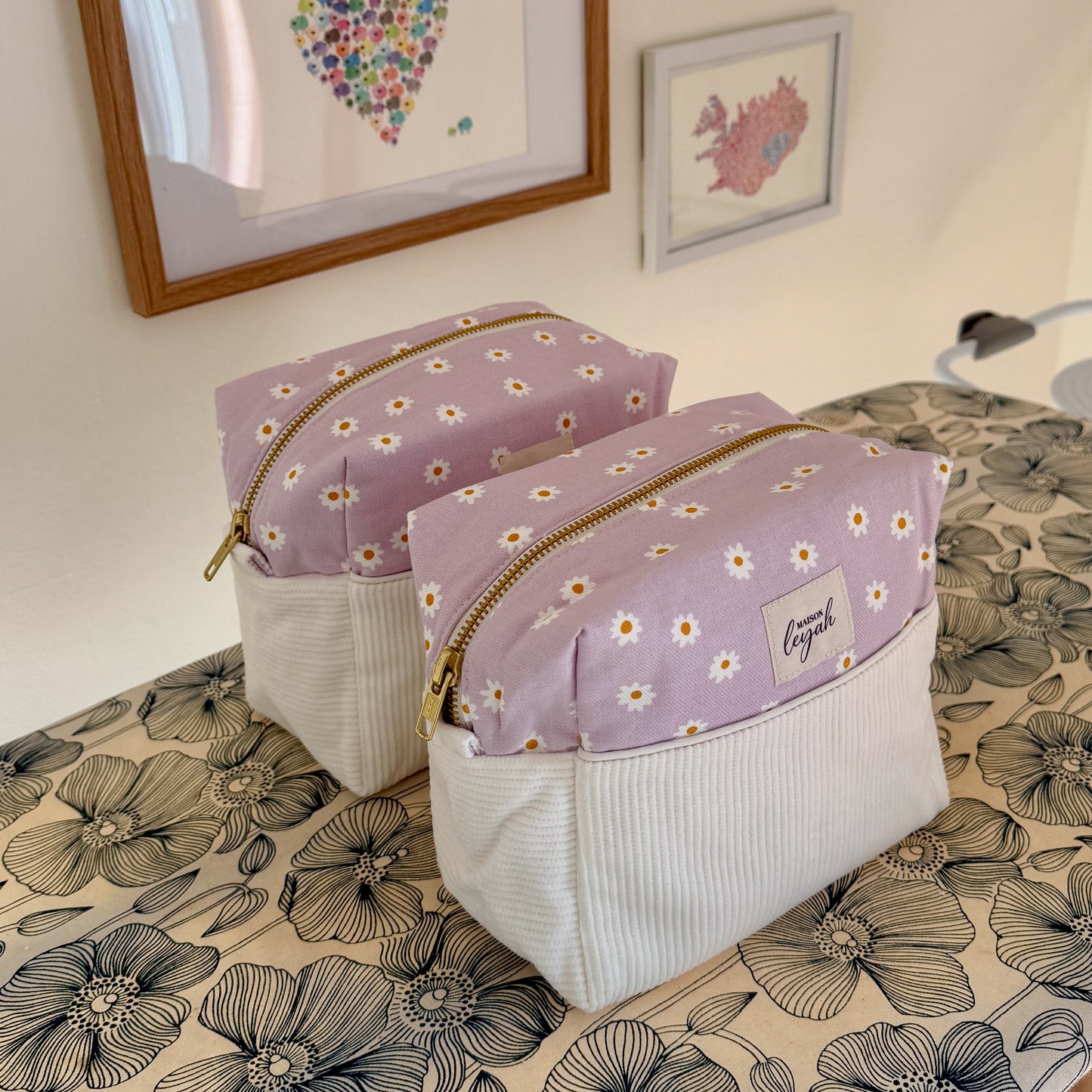 Trousse en velours - Pâquerettes Violettes